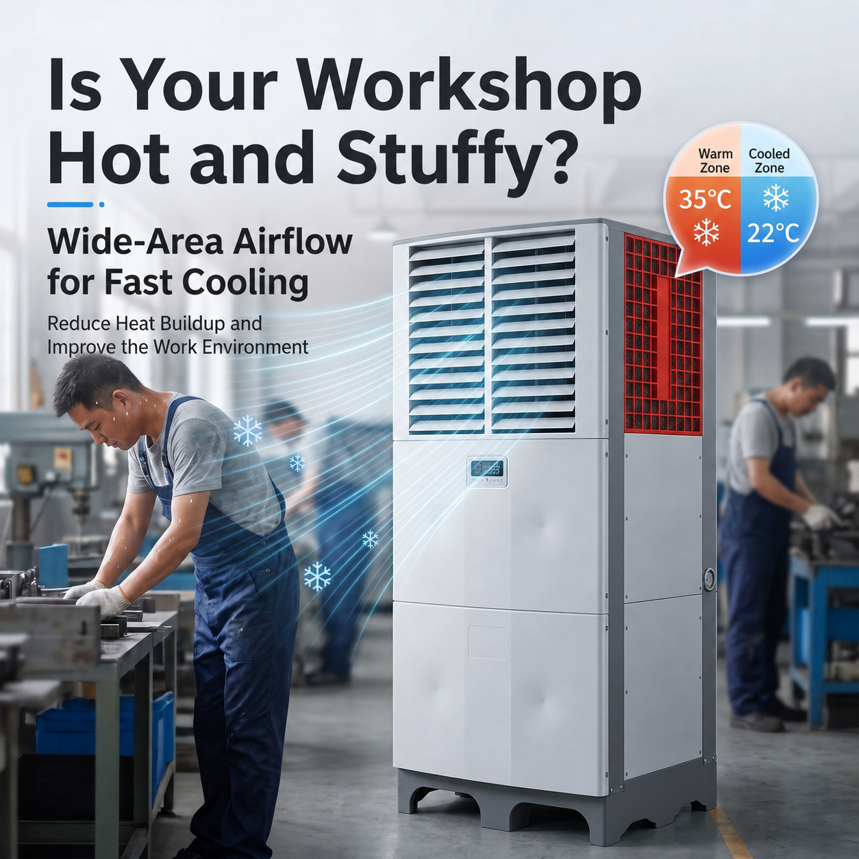 evaporative air cooler delivering airflow across a factory workshop