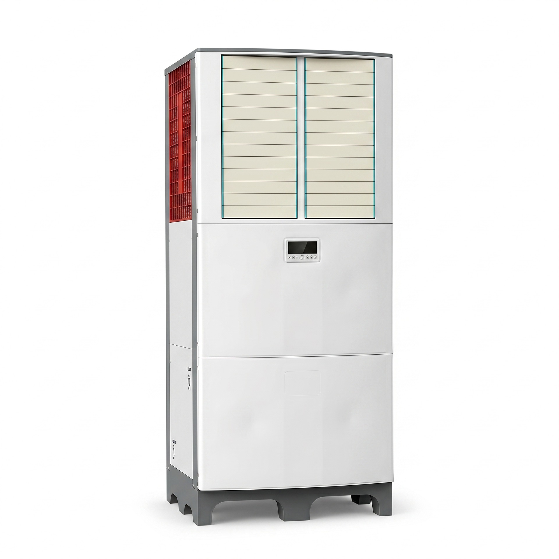 vertical industrial evaporative air cooler front and side view