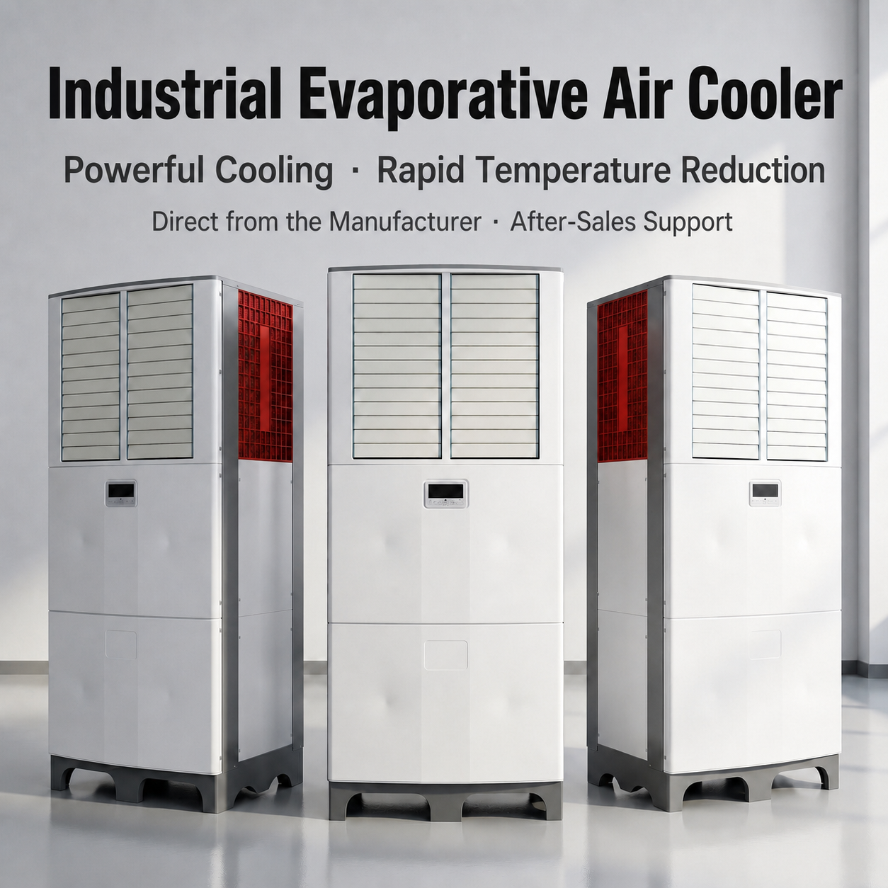 industrial evaporative air cooler shown in three cabinet views